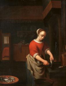 COVYN Reynier 1636-1667,Kücheninterieur mit einer Magd beim Fischputzen,Lempertz DE 2023-11-18