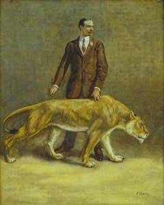 COWLEY F,portrait of Sir Garrard Tyrwhitt-Drake, with a lioness,Burstow and Hewett GB 2018-06-21
