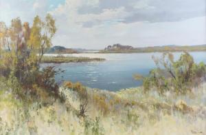 COX Peter 1912-1985,lakeside view with distant buildings,Denhams GB 2020-01-29
