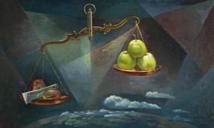 COZE Paul,''Earth Fruits'', still life with a scale, apples ,John Moran Auctioneers 2015-10-20