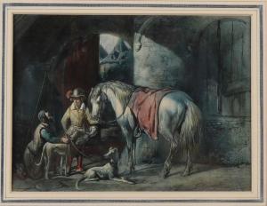 CRAEYVANGER Gysbertus 1810-1895,Adelijke jager met jachthonden, paard en stalmee,Twents Veilinghuis 2020-04-23
