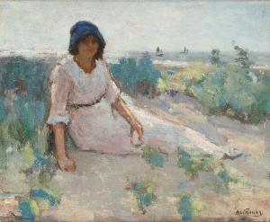 CRAHAY Albert 1881-1914,Jeune fille dans les dunes sur fond de voilier,Horta BE 2019-10-14