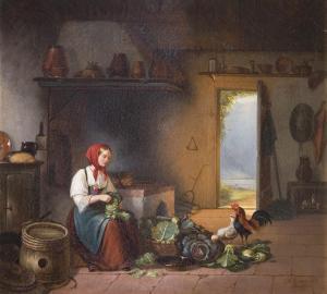 CRAMER Carl Cäsar 1822-1889,Mädchen im bäuerlichen Küchen-Interieur,1854,Wendl DE 2019-10-24