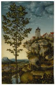 CRANACH Lucas I 1472-1553,LANDSCAPE WITH FORTIFIED BUILDINGS ON A ROCKY BLUF,Sotheby's GB 2017-12-06
