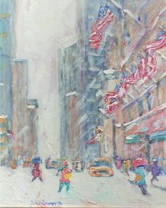 crimmins john 1963,Winter Day New York City Street Scene with Flags,Burchard US 2020-07-19