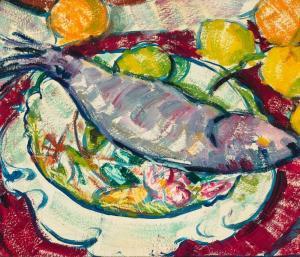 CROMBIE Peggy 1901-1984,FISH ON PLATE,1940,Deutscher and Hackett AU 2022-08-16