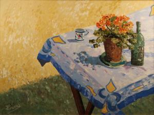 CROSBY Terrance 1949,Still Life Outdoor Table with Geraniums,Halls GB 2023-07-05