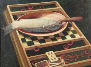 CROWL Robert 1921,STILL LIFE OF FISH ON GAMES TABLE,Sloans & Kenyon US 2014-04-13