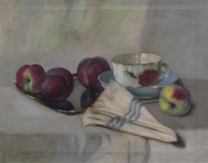 CSOKFALVY 1900-1900,Still life of plums, fruit and a tea cup,1940,Gorringes GB 2012-05-09
