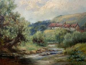 CUBLEY Gertrude,River Scene with red roofed cottages on a hillside,Rogers Jones & Co 2022-04-05