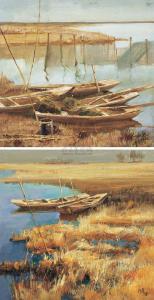 CUI KAIXI 1935,FISHING BOAT ALONGSIDE THE RIVER（TWO PIECES）,1992,Hosane CN 2010-06-24