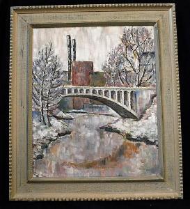 CUMMINS LARRY 1900-1900,Winter landscape with bridge and river,Dargate Auction Gallery US 2016-10-08