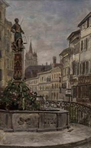 CURTAT Louis 1869-1944,Place de la Palud à Lausanne, avec vue sur la font,Dogny Auction 2014-03-18