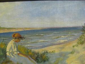 CURTIS Mark Osman,A woman in a summer dress sitting by the beach,1920,Bruun Rasmussen 2023-02-02
