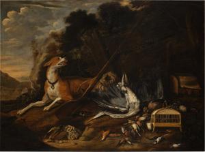 CUVENES Johannes I 1620-1666,Hunting scene with a hound, a dead heron, feathere,Sotheby's 2022-10-21