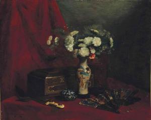 CUYER Edouard 1852,Vase of peonies, with a fan and an oriental dagger,1875,Christie's GB 2016-05-17