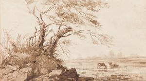 DA ANUNCIACAO Tomas Jose 1818-1879,A landscape with tress, lake and drinking c,1865,Veritas Leiloes 2021-04-14