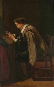 DAEMS Ferdinand 1809-1875,Portrait of a cavalier in profile, seated at a tab,1866,Bonhams 2004-04-06