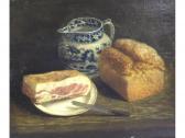 DAGNALL T W,Still life of bacon and bread by a blue jug on a t,1853,Gardiner Houlgate GB 2016-11-24