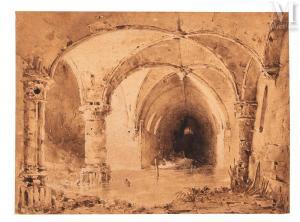 DAGUERRE Louis Jacques Mande 1787-1851,Intérieur d\’église en ruine,Millon & Associés FR 2022-05-19