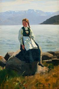 DAHL Hans 1849-1937,A girl in a Norwegian fjord landscape,Uppsala Auction SE 2021-12-08