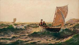 DAHL Hans 1849-1937,A Norwegian fishing boat by the coast,Uppsala Auction SE 2022-06-15