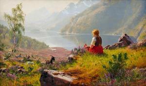 DAHL Hans 1849-1937,\”Bergidyll\” - A girl with goats in a Norwegian l,Uppsala Auction SE 2021-12-08