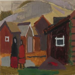 DAHL Per 1941,Village scene with two figures in the foreground,Bruun Rasmussen DK 2013-09-23