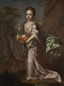 Michael I Dahl - Portrait Of A Girl, Full-length, Wearing A Pink Dress And Green Shawl With A Basket Of Fruit, Standing In A Landscape