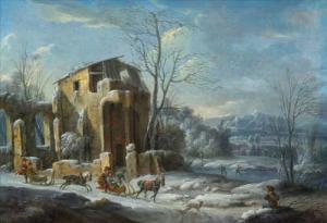 DALENS Dirk III,Horse-drawn sleigh in a winter landscape with ruin,Galerie Koller 2019-03-29