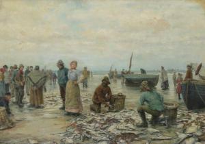 DALZIEL Owen 1860-1942,Coastal scene with fishermen sorting their catch,Woolley & Wallis 2020-03-04
