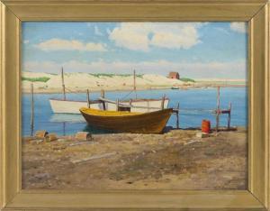 DANIELS Fred H 1872,Dories by the shore, possibly Menemsha, Martha's V,1929,Eldred's US 2018-08-03