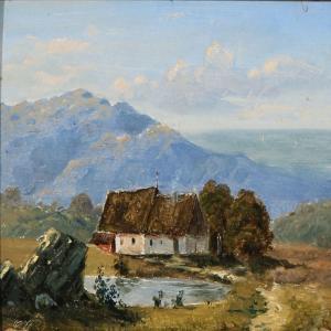 DANISH SCHOOL,Mountain scene with a thatched cottage,Bruun Rasmussen DK 2016-06-27