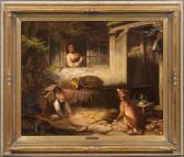 DANNEHL Reinold 1833-1888,Mit einem Hund spielender Knabe vor einem Bauernha,1865,Schloss 2012-11-24