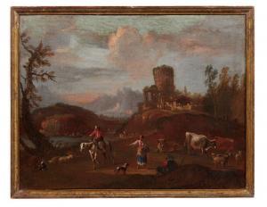 DARET Ernesto, Monsu 1694-1712,Paire de paysages avec des villageois et des,Pierre Bergé & Associés 2022-01-19