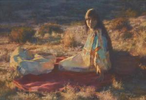 Darro Tom,Native American woman seated in a field at sunset,John Moran Auctioneers 2022-09-13