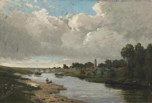 DAUBIGNY Karl Pierre,River landscape, probably the Seine. near Paris.,Galerie Koller 2014-09-19