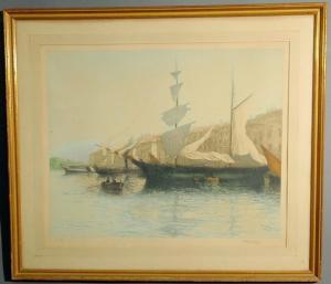 DAUPHIN Eugene Baptiste E 1857-1930,A sailing ship and dinghies in port,Wiederseim US 2009-02-14