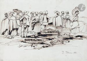 DAUZATS Adrien 1804-1868,Bordeaux, Scène de marché,1832,Ader FR 2023-10-27