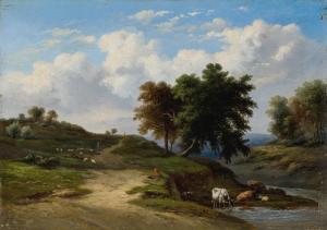 DAVELOOZE Jean Baptiste,River landscape with a drover and cattle, a shephe,Rosebery's 2024-02-27