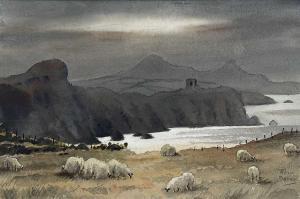 DAVIES ALUN,sheep grazing on headland above a bay with mountai,Rogers Jones & Co 2022-11-19
