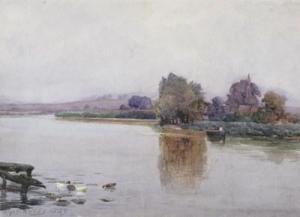 DAVIES,River view with boatmen,1889,Woolley & Wallis GB 2010-12-08