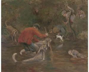 DAVIS Arthur Alfred 1824-1893,Otter hounds on the Tavy, Devon,1866,Christie's GB 2005-11-22