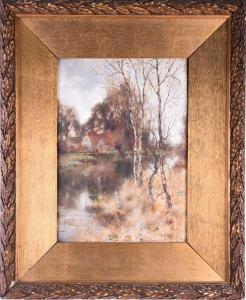 DAVIS Valentine, Val 1854-1930,Silver Birch by a river and cottage,Dawson's Auctioneers 2021-01-28