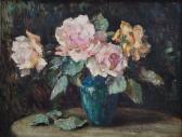 DAWSON Elsie May,Still life study with yellow and pink roses in a b,Andrew Smith and Son 2021-10-13