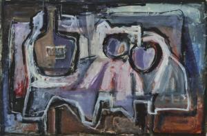 DAY Melvin Norman 1923-2016,Still Life with Bottle, Glass and Fruit,1956,Webb's NZ 2024-03-12