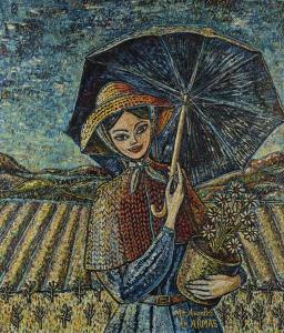 DE ARMAS Maria Los Angeles 1938,Joven con margaritas bajo la lluvia,Goya Subastas ES 2018-01-31