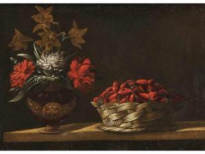 de AYALA Josefa 1630-1684,FLOWER VASE AND BASKET WITH STRAWBERRIES ON TABLETOP,Hampel DE 2019-12-05