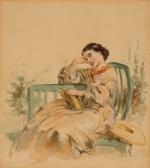 de BEAUMONT Edouard Charles 1812-1888,Lesende junge Frau auf Gartenbank,Fischer CH 2016-06-15