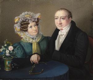 DE BENICZ BYS L,Portrait of a couple seated at a table with flower,1831,Woolley & Wallis 2013-09-11
